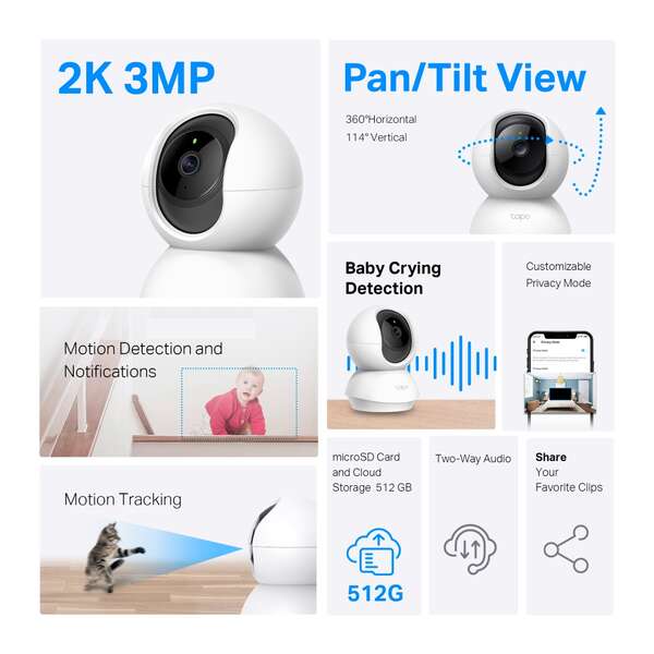 TP-Link Tapo TC71 Cámara de Vigilancia WiFi 2K 3MP – Rotación 360° – Visión Nocturna – Audio Bidireccional - Imagen 4