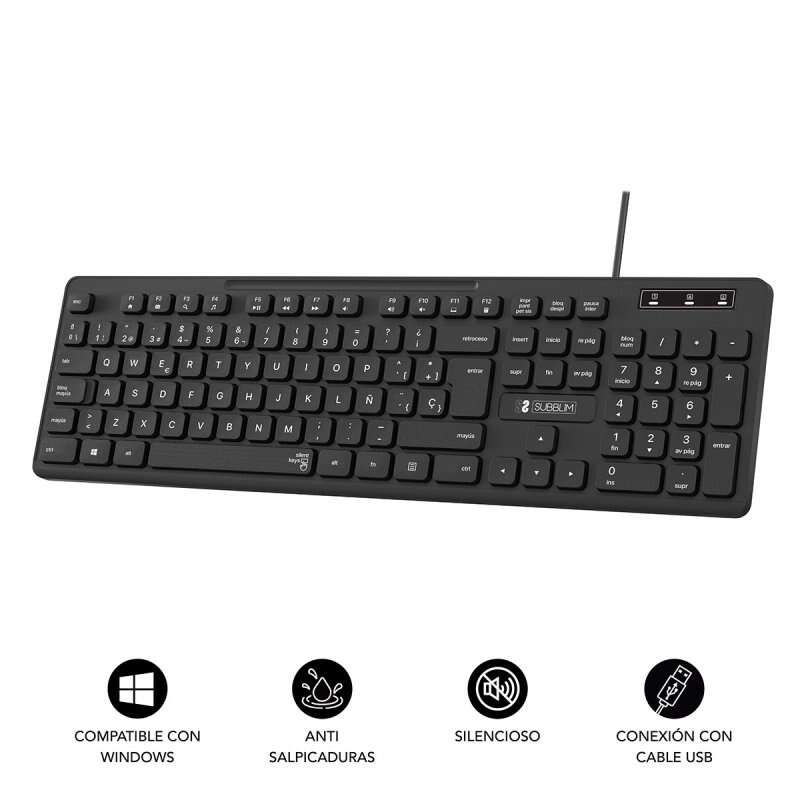 Subblim Teclado Business Slim Silencioso con Cable USB - Diseño Ergonomico y Teclas Planas de Bajo Perfil - Resistente a Derrames - Pulsaciones Silenciosas - Color Negro - Imagen 2
