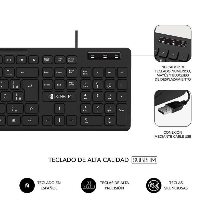 Subblim Teclado Business Slim Silencioso con Cable USB - Diseño Ergonomico y Teclas Planas de Bajo Perfil - Resistente a Derrames - Pulsaciones Silenciosas - Color Negro - Imagen 3