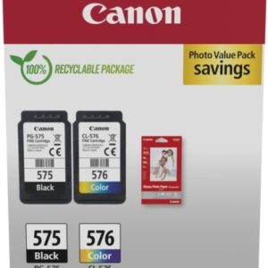 Canon PG-575 / CL-576 Pack de 2 Cartuchos de Tinta Originales + 50 Hojas de Papel Fotográfico (5438C004)