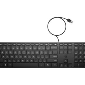 HP 320K Teclado USB - Teclas Silenciosas de Bajo Perfil 2.0 mm - Tecla Copilot IA - LED de Bloq Mayus/Bloq Num - Inclinacion Ajustable 0‑6° - Fabricado con 75% Plastico Reciclado - Color Negro